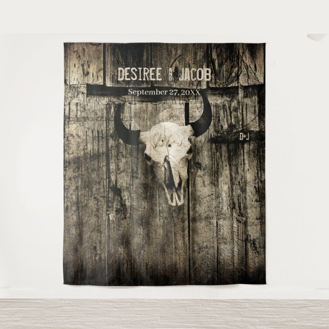 Western Rustic Wedding Bull Skull Vintage Backdrop Tapestry (Front)