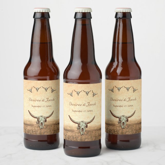 Western Rustic Wedding Country Bull Cow Skull Beer Bottle Label (Bottles)