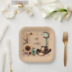Western Rustic Wedding Mr & Mrs 7 Inch Square Paper Plate
