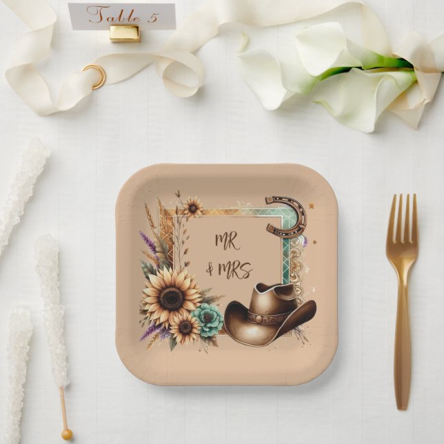 Western Rustic Wedding Mr & Mrs 7 Inch Square Paper Plate (Wedding)