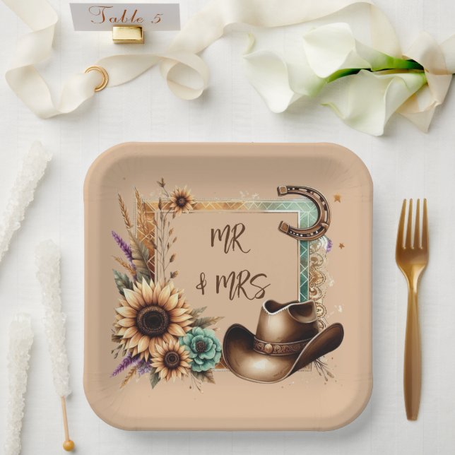 Western Rustic Wedding Mr & Mrs 9 Inch Square  Paper Plate (Wedding)