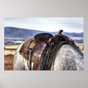 Western Saddle on Grey Horse Poster
