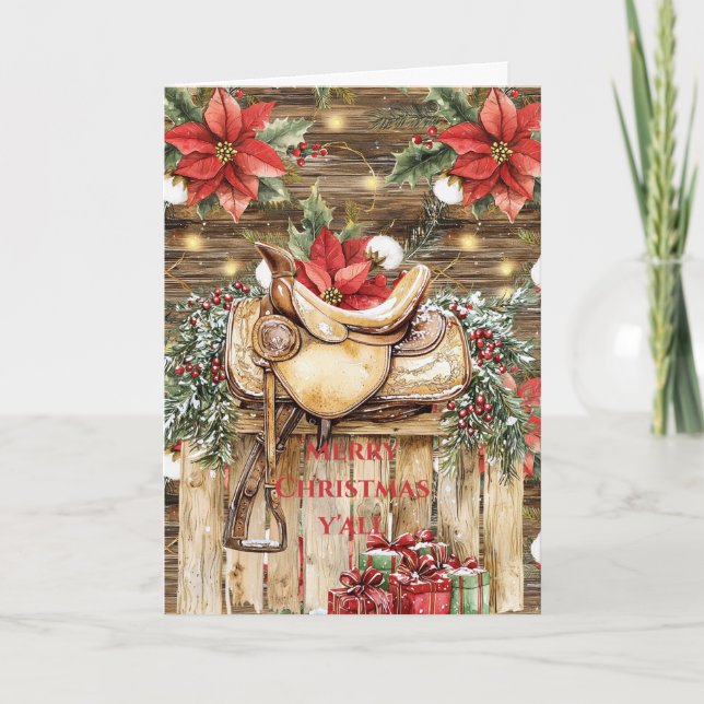 Western Saddle Red Poinsettias Christmas  Card (Front)