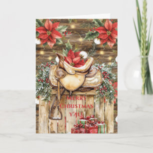 Western Saddle Red Poinsettias Christmas  Card