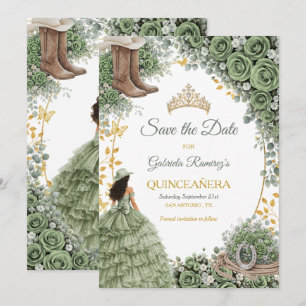 Western Sage Green Rose Golden Country Quinceañera Save The Date
