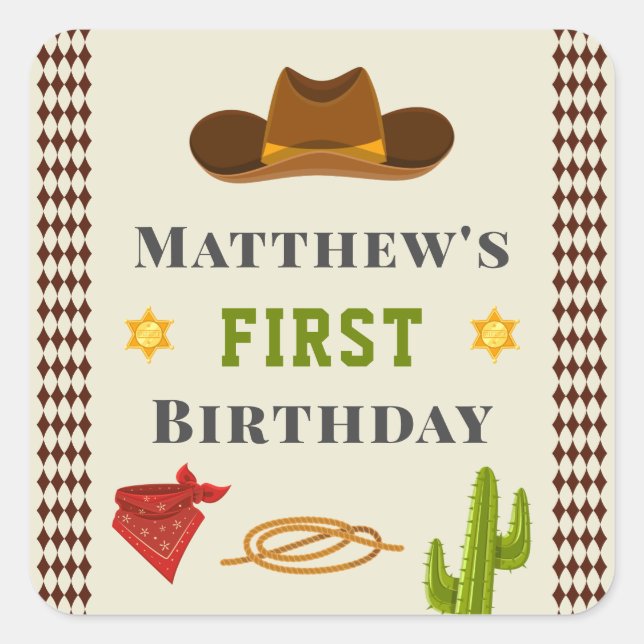 Western Saloon Cowboy Baby Boy Wild West Birthday Square Sticker (Front)