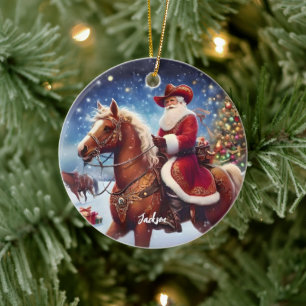 Western Santa Claus Riding a Horse Christmas Ceramic Tree Decoration