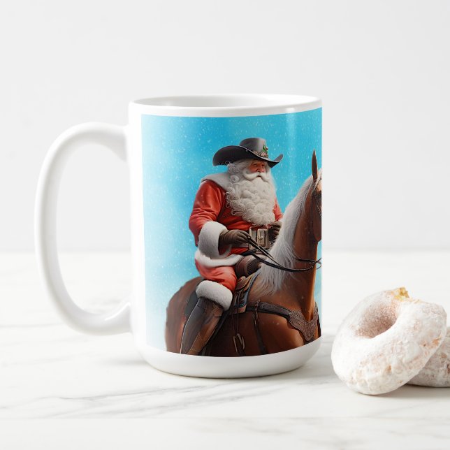 Western Santa Claus Riding a Horse Christmas Coffee Mug (With Donut)