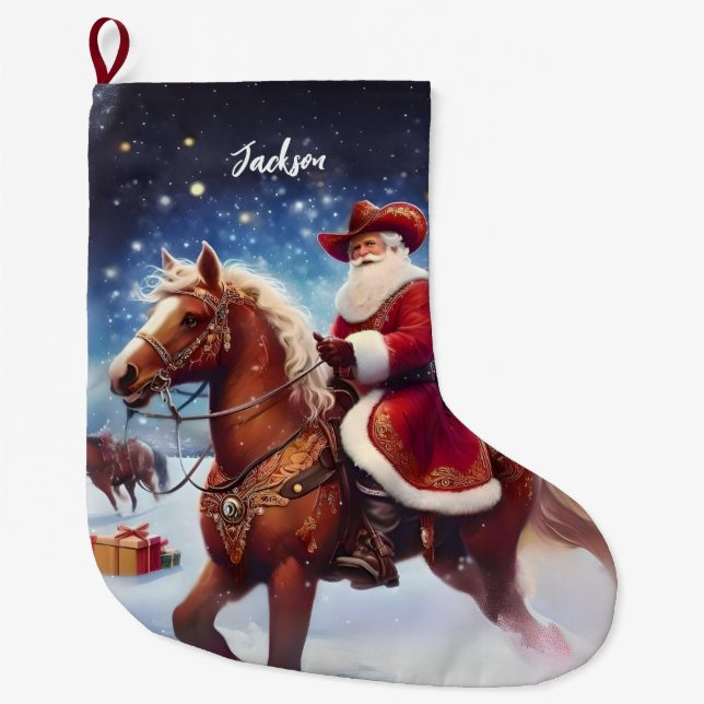 Western Santa Claus Riding a Horse Christmas Large Christmas Stocking (Front)