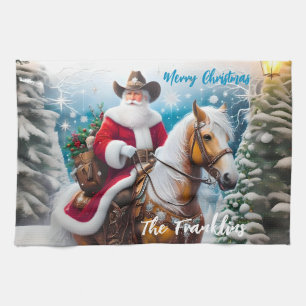 Western Santa Claus Riding a Horse Christmas Tea Towel