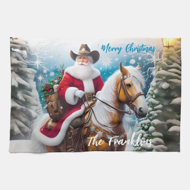 Western Santa Claus Riding a Horse Christmas Tea Towel (Horizontal)
