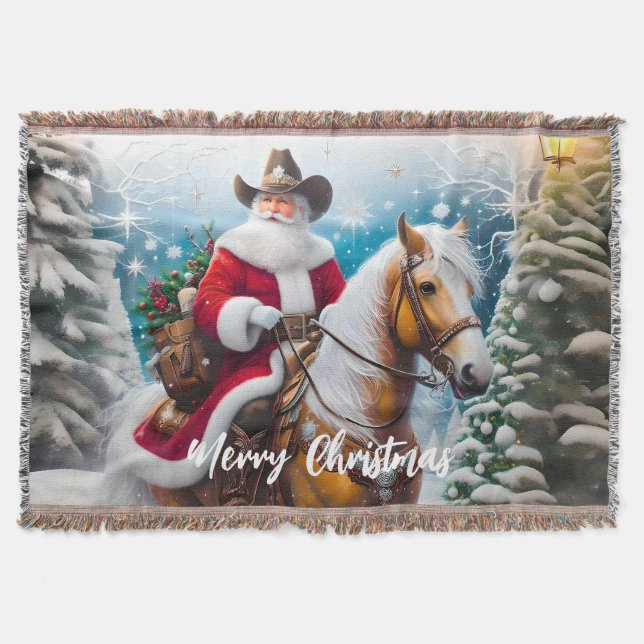 Western Santa Claus Riding a Horse Christmas Throw Blanket (Front)