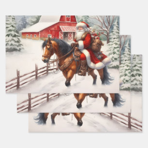 Western Santa on Horseback Country Christmas  Wrapping Paper Sheet