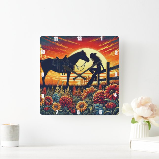 Western Scene Depicting Horse, Rider, Sunset Square Wall Clock (Home)