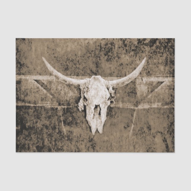 Western Sepia Brown Texture Cowboy Bull Skull Tissue Paper (Front)