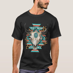 Western Serape Aztec Cow Skull Bull Skull Cowgirl T-Shirt