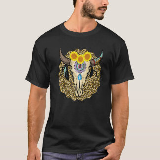 Western Serape Cow Skull Print Sunflower Leopard T T-Shirt