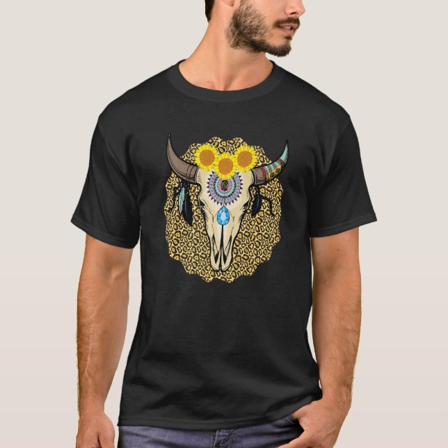 Western Serape Cow Skull Print Sunflower Leopard T T-Shirt (Front)