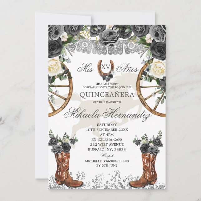 Western Silver and Black Charra Boots 15 Anos Invitation (Front)