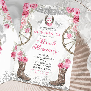 Western Silver Pink Roses Charra Quinceañera Invitation