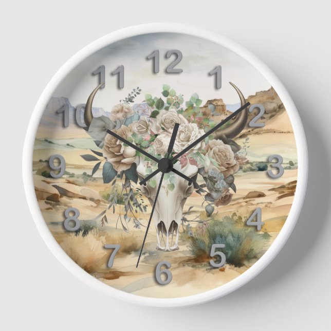 Western skull boho white rose desert landscape clock (Front)