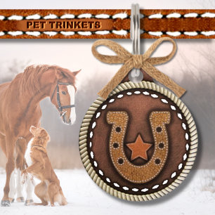 Western Stitched Leather Lucky Horseshoe and Star Pet Tag
