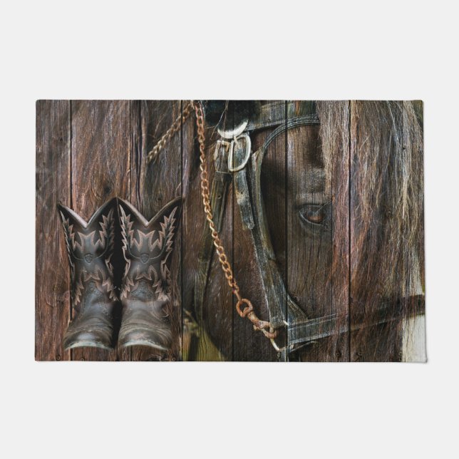 Western Style Horse And Cowboy Boots Doormat (Front)