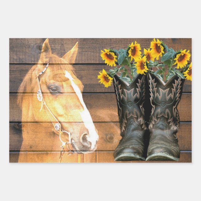 Western Style Horse And Cowboy Boots Sunflowers Wrapping Paper Sheet (Front)