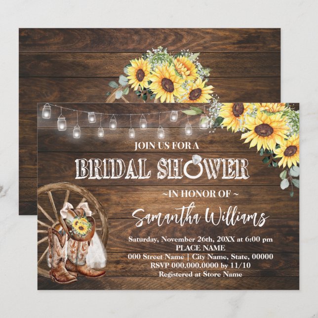 Western Sunflower Bridal Shower Country Wedding Invitation (Front/Back)