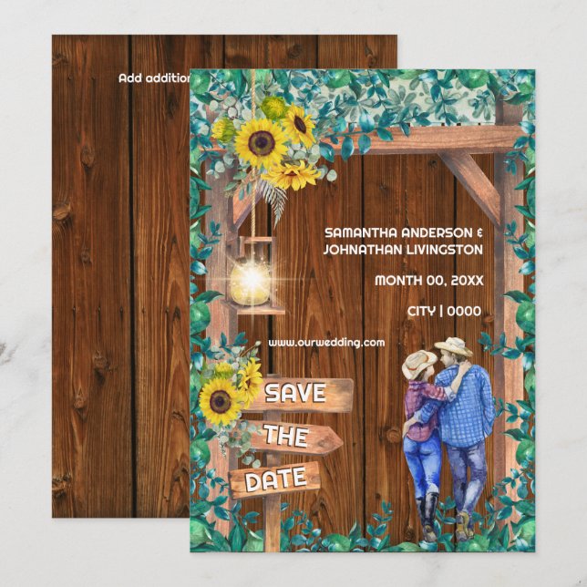 Western sunflower couple rustic country wood  invitation (Front/Back)