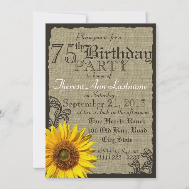 Western Sunflower Rustic 75th Birthday Invitation (Front)