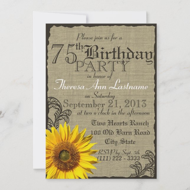 Western Sunflower Rustic 75th Birthday Invitation (Front)