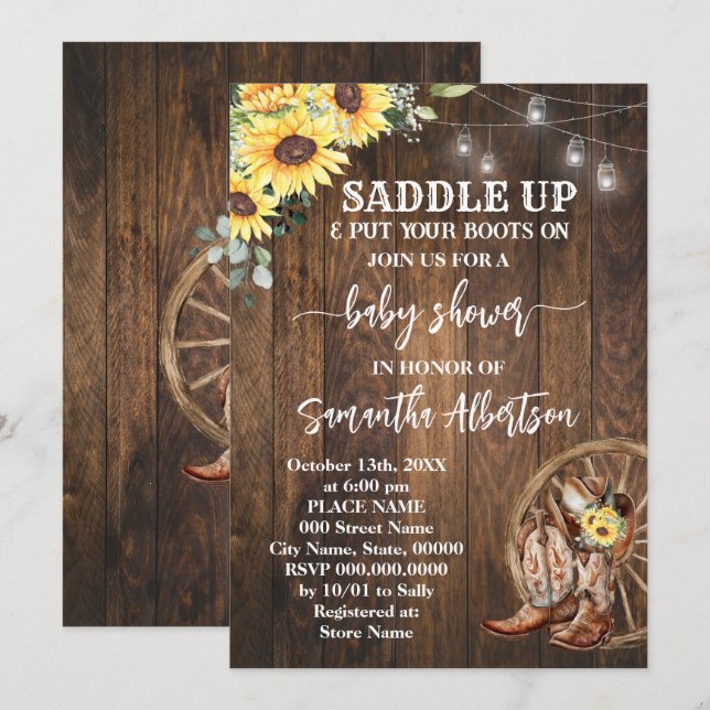 Western Sunflowers Baby Shower Country Boots Invitation (Front/Back)