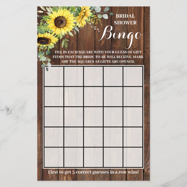 Western Sunflowers Greenery Shower Bingo Game Card (Front)