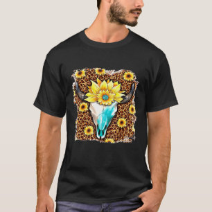 Western Sunflowers Leopard Cow Bull Skull Cowgirl T-Shirt