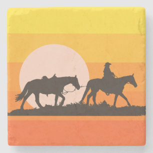 Western Sunset Cowboy Silhouette Throw Pillow Stone Coaster