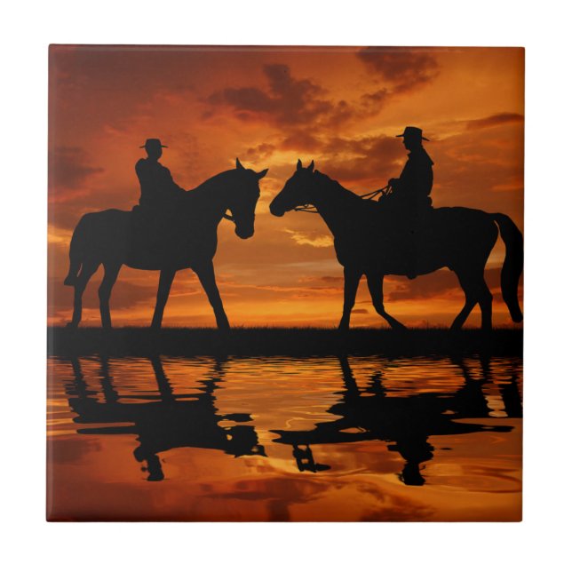 Western Sunset Horseback Riding cowboy silhouette Tile (Front)