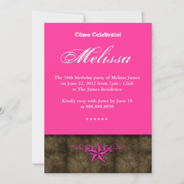 Western Sweet 16 Invitation Pink Star Brown (Front)