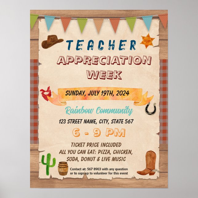 Western teacher staff appreciation itinerary flyer poster (Front)