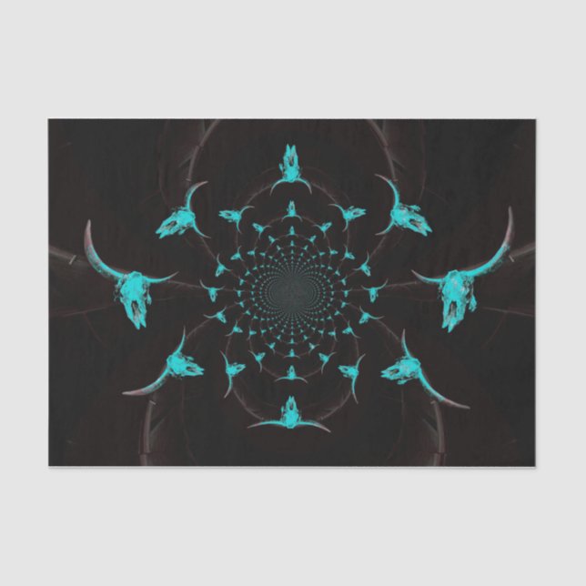 Western Teal Blue Black Rustic Country Cow Skull Tissue Paper (Front)