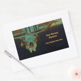 Western Teal Brown Gold Rustic Vintage Bull Skull Rectangular Sticker