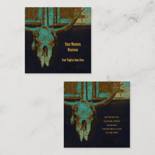 Western Teal Brown Gold Rustic Vintage Bull Skull Square Business Card