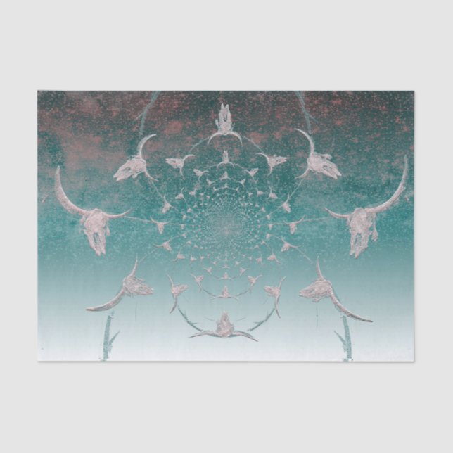 Western Teal White Metallic Texture Bull Skull Tissue Paper (Front)