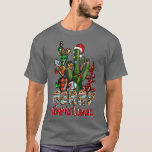 Western Teas Leopard Buffalo Plaid Cactus Merry Ch T-Shirt