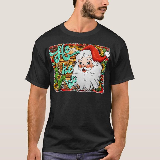 Western Texas Cactus Turquoise Christmas Santa T-Shirt (Front)