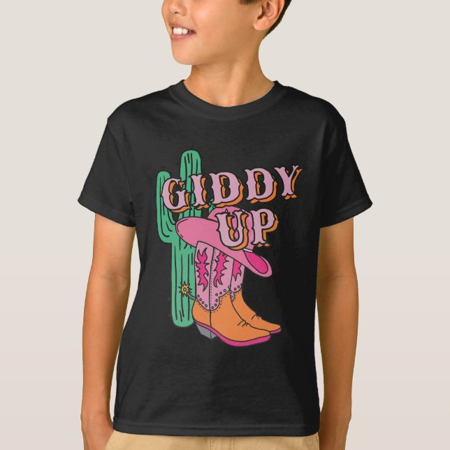 Western Texas Giddy Up Cowgirl Cowboy Boots Cactus T-Shirt (Front)