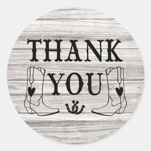 Western Thank You Wood Country Wedding Cowboy Boot Classic Round Sticker (Front)