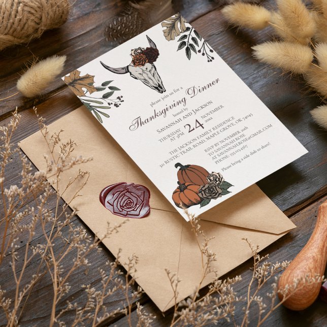 Western Thanksgiving Cow Skull Fall Harvest Invitation (Elegant Thanksgiving Cow Skull White Invitation. Hand-Drawn Cow Skull, Horns, Roses & Fall Pumpkins.)