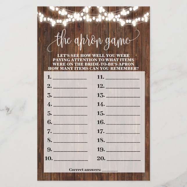 Western The Apron Bridal Shower Game Card (Front)