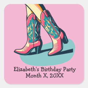 Western Theme Cowgirl Boots Girl Birthday Party Square Sticker